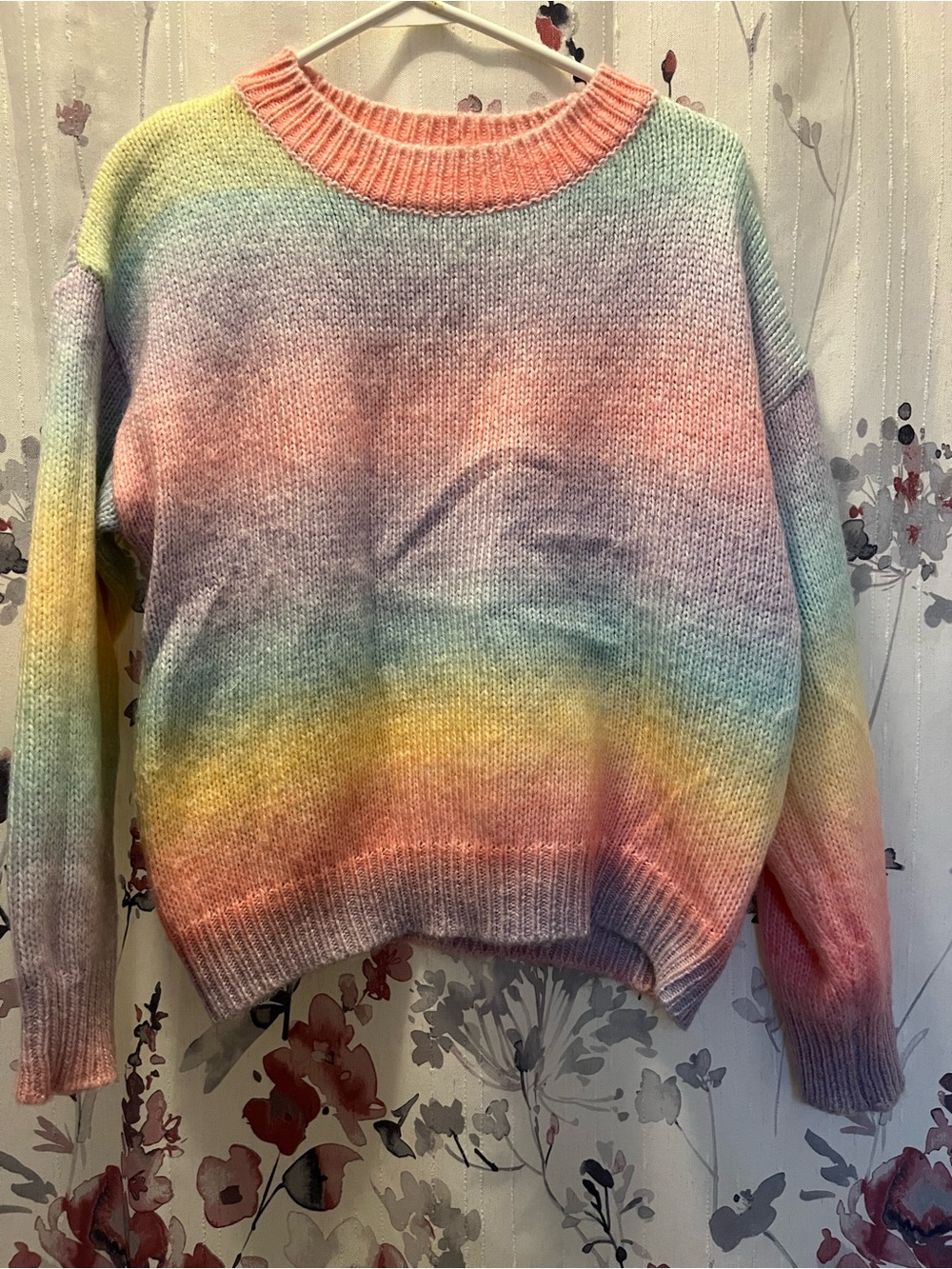 SHEIN Pastel Rainbow Crewneck Sweater - Pink, Yellow, Blue, Green, Purple